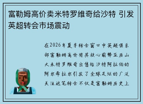富勒姆高价卖米特罗维奇给沙特 引发英超转会市场震动